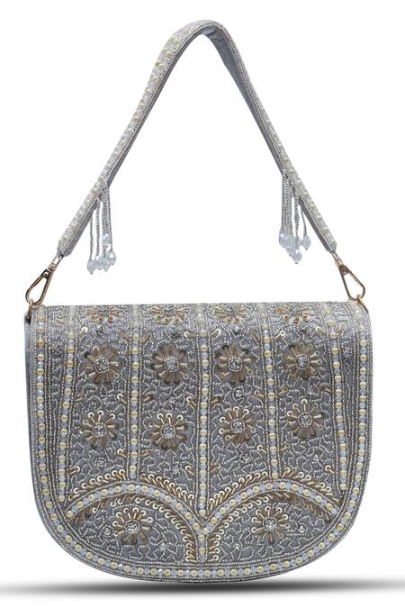 The Tan Clan Grey Bead Kavya Embellished Flap Over Clutch at Aza Fashions The Tan Clan_Grey Bead Kavya Embellished Flap Over Clutch _at_Aza_Fashions