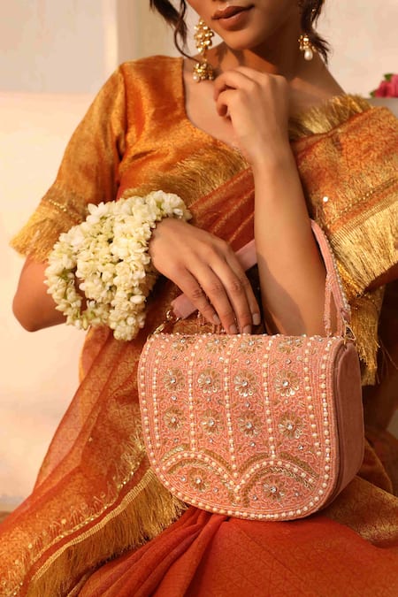 THE TAN CLAN Pink Bead Kavya Studded Flap Over Clutch 