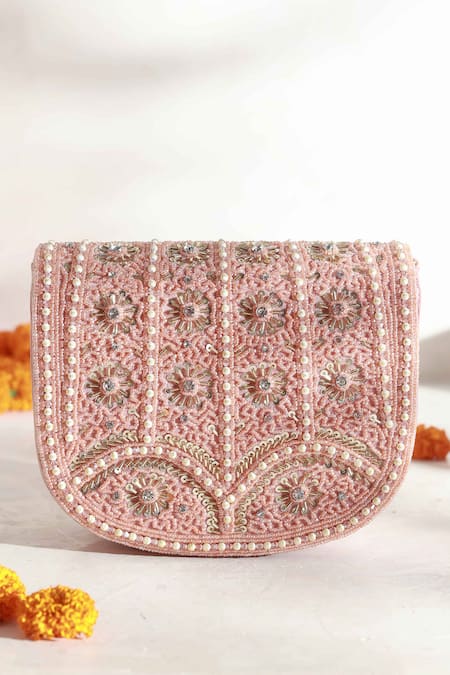 Shop The Tan Clan Pink Bead Kavya Studded Flap Over Clutch at Aza Fashions Shop_The Tan Clan_Pink Bead Kavya Studded Flap Over Clutch _at_Aza_Fashions