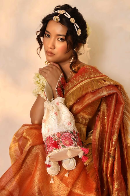 THE TAN CLAN White Thread Meera Floral Embroidered Potli Bag 