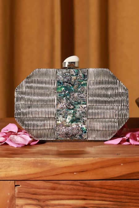 Shop The Tan Clan Silver Mother Of Pearl Misha Work Clutch Bag at Aza Fashions Shop_The Tan Clan_Silver Mother Of Pearl Misha Work Clutch Bag _at_Aza_Fashions