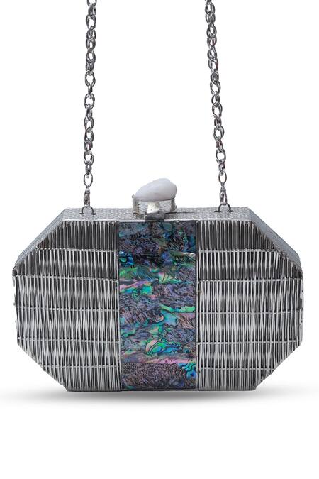 The Tan Clan Silver Mother Of Pearl Misha Work Clutch Bag Online at Aza Fashions The Tan Clan_Silver Mother Of Pearl Misha Work Clutch Bag _Online_at_Aza_Fashions