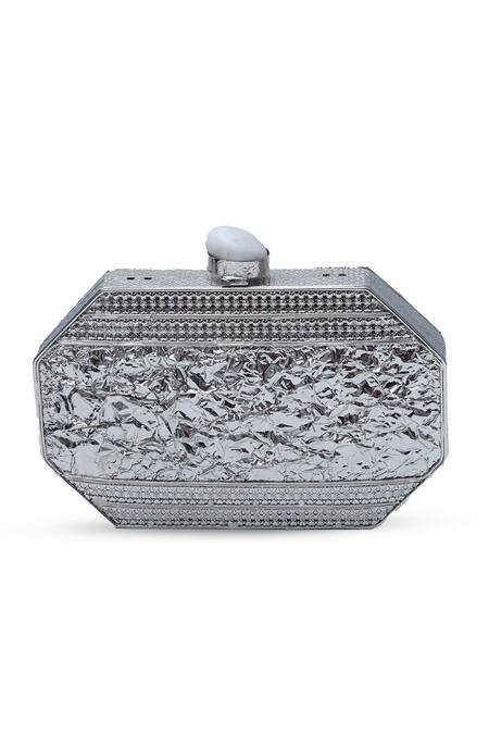 The Tan Clan Silver Mother Of Pearl Misha Work Clutch Bag at Aza Fashions The Tan Clan_Silver Mother Of Pearl Misha Work Clutch Bag _at_Aza_Fashions