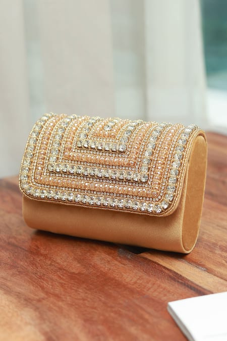 Shop The Tan Clan Gold Stone Nysa Embellished Flap Bag at Aza Fashions Shop_The Tan Clan_Gold Stone Nysa Embellished Flap Bag _at_Aza_Fashions