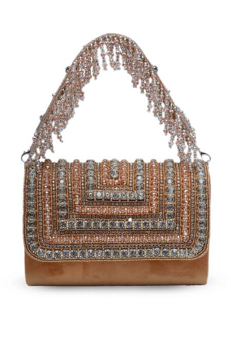 The Tan Clan Gold Stone Nysa Embellished Flap Bag at Aza Fashions The Tan Clan_Gold Stone Nysa Embellished Flap Bag _at_Aza_Fashions