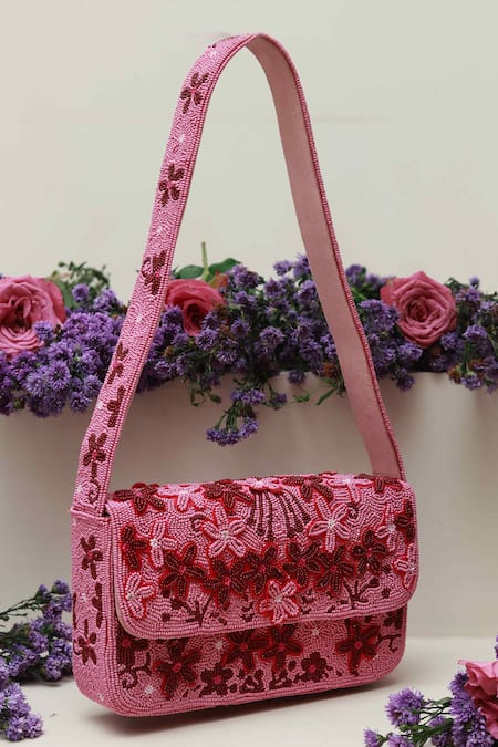 Shop The Tan Clan Pink Bead Orchid Embroidered Clutch Bag at Aza Fashions Shop_The Tan Clan_Pink Bead Orchid Embroidered Clutch Bag _at_Aza_Fashions