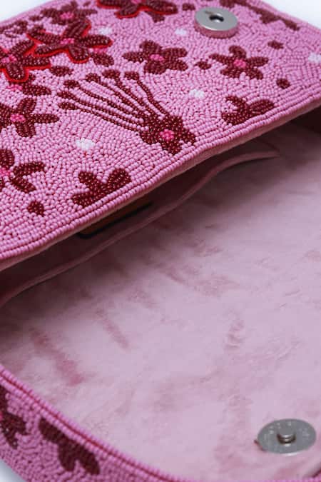 The Tan Clan Pink Bead Orchid Embroidered Clutch Bag at Aza Fashions The Tan Clan_Pink Bead Orchid Embroidered Clutch Bag _at_Aza_Fashions