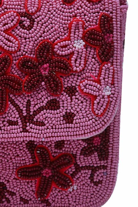 Buy The Tan Clan Pink Bead Orchid Embroidered Clutch Bag Buy_The Tan Clan_Pink Bead Orchid Embroidered Clutch Bag