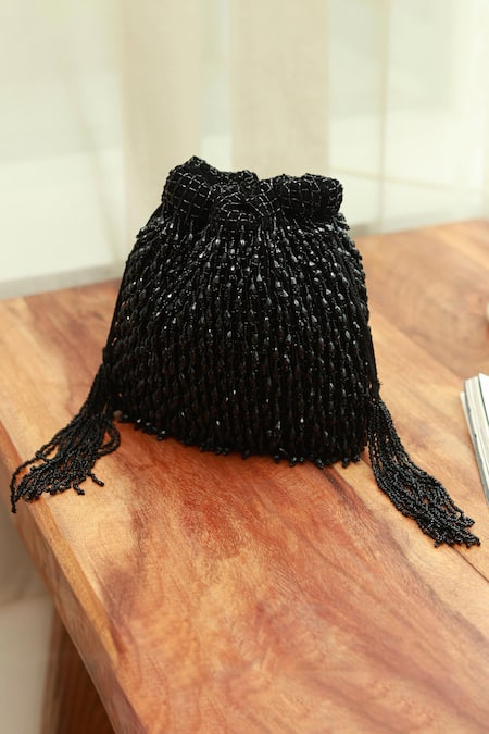 Shop_The Tan Clan_Black Beads Rosa Tassel Embroidered Potli Bag _at_Aza_Fashions