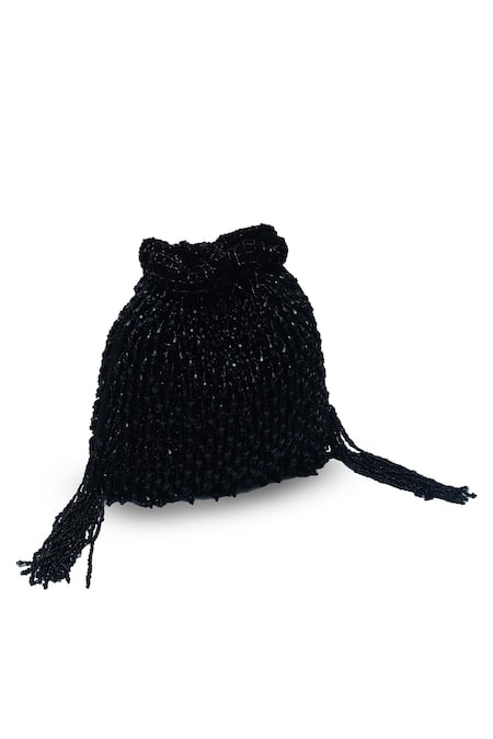 Buy_The Tan Clan_Black Beads Rosa Tassel Embroidered Potli Bag _Online_at_Aza_Fashions