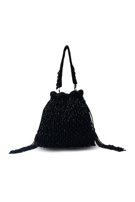 Shop_The Tan Clan_Black Beads Rosa Tassel Embroidered Potli Bag _Online_at_Aza_Fashions