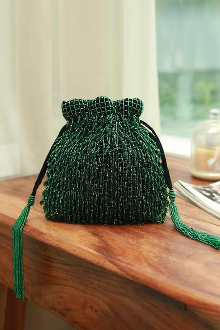 Shop_The Tan Clan_Green Bead Rosa Tassel Work Potli Bag _at_Aza_Fashions