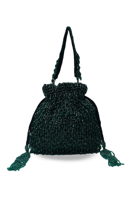 Buy_The Tan Clan_Green Bead Rosa Tassel Work Potli Bag _Online_at_Aza_Fashions