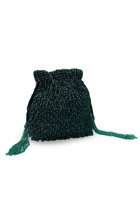 The Tan Clan_Green Bead Rosa Tassel Work Potli Bag _at_Aza_Fashions