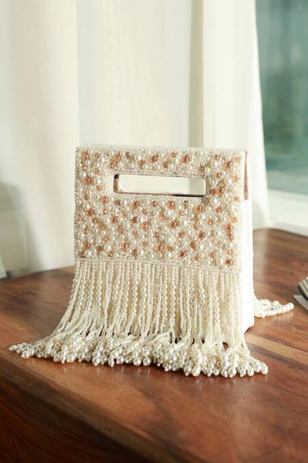 The Tan Clan White Bead Ruby Flap Over Clutch Bag Online at Aza Fashions The Tan Clan_White Bead Ruby Flap Over Clutch Bag _Online_at_Aza_Fashions