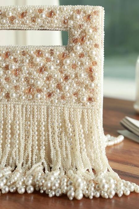 The Tan Clan White Bead Ruby Flap Over Clutch Bag at Aza Fashions The Tan Clan_White Bead Ruby Flap Over Clutch Bag _at_Aza_Fashions