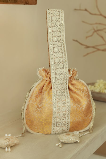 THE TAN CLAN Yellow Thread Ruhi Embroidered Potli Bag 