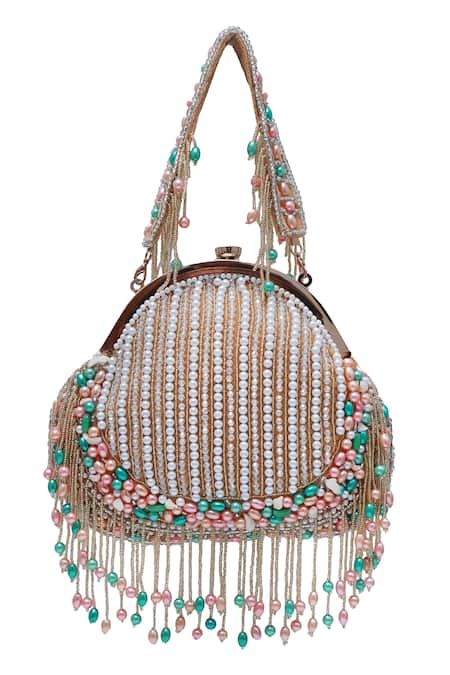 Shop The Tan Clan Gold Pearl Sona And Tassel Embroidered Batua Bag at Aza Fashions Shop_The Tan Clan_Gold Pearl Sona And Tassel Embroidered Batua Bag _at_Aza_Fashions