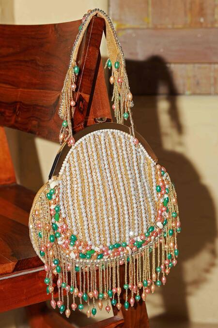 Buy The Tan Clan Gold Pearl Sona And Tassel Embroidered Batua Bag Buy_The Tan Clan_Gold Pearl Sona And Tassel Embroidered Batua Bag