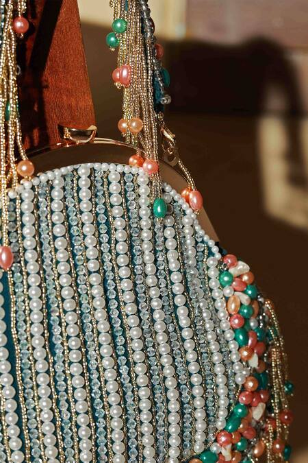 The Tan Clan Green Pearls, Tassels Sona Batua Bag Online at Aza Fashions The Tan Clan_Green Pearls, Tassels Sona Batua Bag _Online_at_Aza_Fashions
