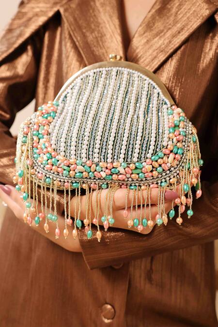 The Tan Clan Green Pearls, Tassels Sona Batua Bag at Aza Fashions The Tan Clan_Green Pearls, Tassels Sona Batua Bag _at_Aza_Fashions