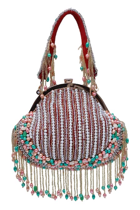 Shop The Tan Clan Red Pearls, Tassels Sona And Work Batua Bag at Aza Fashions Shop_The Tan Clan_Red Pearls, Tassels Sona And Work Batua Bag _at_Aza_Fashions