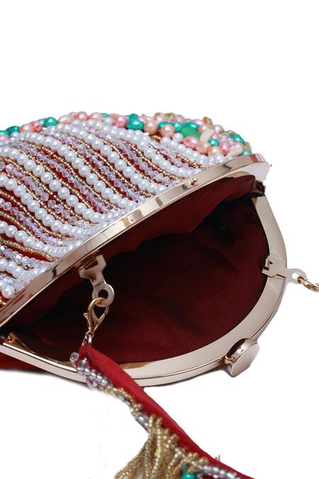 Shop The Tan Clan Red Pearls, Tassels Sona And Work Batua Bag Online at Aza Fashions Shop_The Tan Clan_Red Pearls, Tassels Sona And Work Batua Bag _Online_at_Aza_Fashions