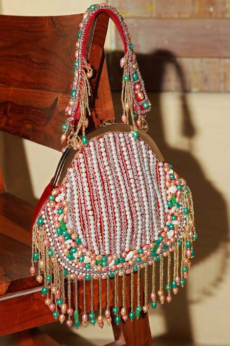 Buy The Tan Clan Red Pearls, Tassels Sona And Work Batua Bag Buy_The Tan Clan_Red Pearls, Tassels Sona And Work Batua Bag