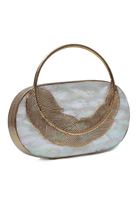 The Tan Clan Gold Metallic Thread Stella Mother Of Pearl Clutch Bag Online at Aza Fashions The Tan Clan_Gold Metallic Thread Stella Mother Of Pearl Clutch Bag _Online_at_Aza_Fashions