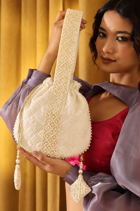 THE TAN CLAN White Thread Taj Geometric Work Potli Bag 