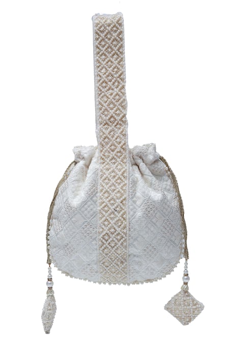 Shop The Tan Clan White Sequins, Embroidery Taj Geometric Thread Work Potli Bag Online at Aza Fashions Shop_The Tan Clan_White Sequins, Embroidery Taj Geometric Thread Work Potli Bag _Online_at_Aza_Fashions