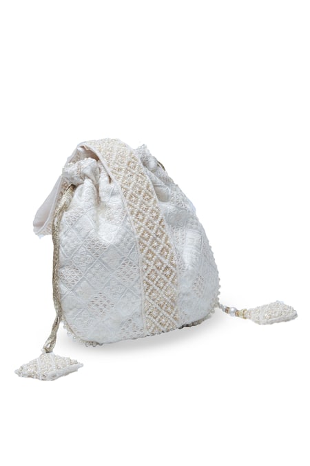 The Tan Clan White Sequins, Embroidery Taj Geometric Thread Work Potli Bag at Aza Fashions The Tan Clan_White Sequins, Embroidery Taj Geometric Thread Work Potli Bag _at_Aza_Fashions