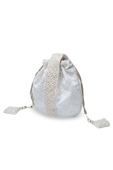 Buy The Tan Clan White Sequins, Embroidery Taj Geometric Thread Work Potli Bag Buy_The Tan Clan_White Sequins, Embroidery Taj Geometric Thread Work Potli Bag