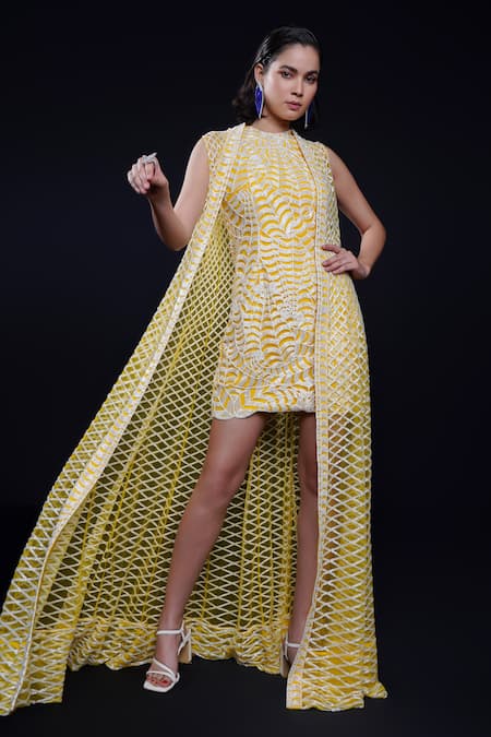 ASHUTOSH JOSHI Yellow Net Hand Embroidered Dori Dress Round Padmini With Jacket 