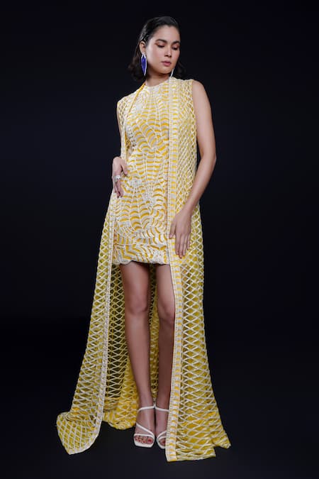 Ashutosh Joshi Yellow Net, Crepe Embroidery Round Neck, Open Padmini Hand Dress With Jacket Online at Aza Fashions Ashutosh Joshi_Yellow Net, Crepe Embroidery Round Neck, Open Padmini Hand Dress With Jacket _Online_at_Aza_Fashions