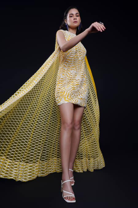 Buy Ashutosh Joshi Yellow Net, Crepe Embroidery Round Neck, Open Padmini Hand Dress With Jacket Online at Aza Fashions Buy_Ashutosh Joshi_Yellow Net, Crepe Embroidery Round Neck, Open Padmini Hand Dress With Jacket _Online_at_Aza_Fashions