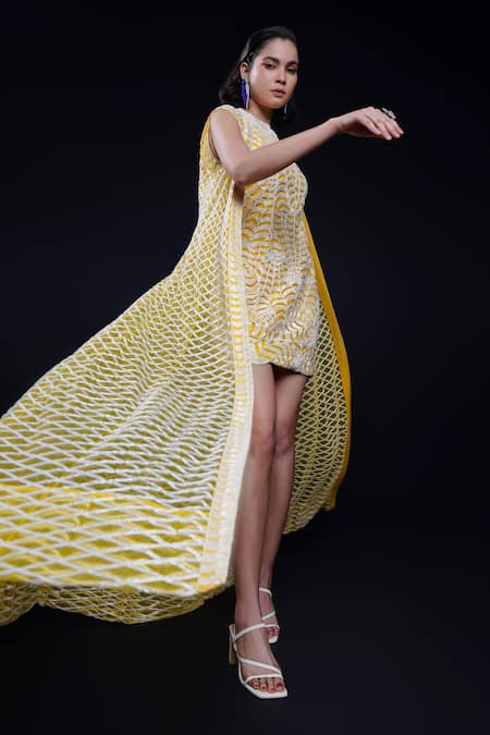 Shop Ashutosh Joshi Yellow Net, Crepe Embroidery Round Neck, Open Padmini Hand Dress With Jacket Online at Aza Fashions Shop_Ashutosh Joshi_Yellow Net, Crepe Embroidery Round Neck, Open Padmini Hand Dress With Jacket _Online_at_Aza_Fashions