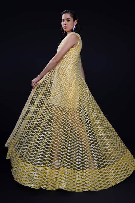 Ashutosh Joshi Yellow Net, Crepe Embroidery Round Neck, Open Padmini Hand Dress With Jacket at Aza Fashions Ashutosh Joshi_Yellow Net, Crepe Embroidery Round Neck, Open Padmini Hand Dress With Jacket _at_Aza_Fashions