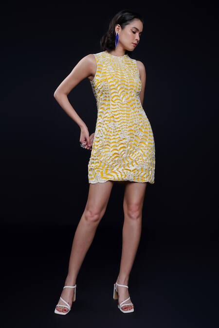 Buy Ashutosh Joshi Yellow Net, Crepe Embroidery Round Neck, Open Padmini Hand Dress With Jacket Buy_Ashutosh Joshi_Yellow Net, Crepe Embroidery Round Neck, Open Padmini Hand Dress With Jacket