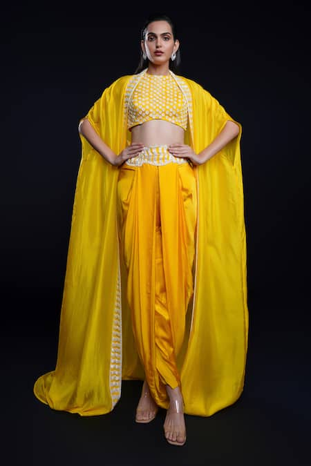 ASHUTOSH JOSHI Yellow Bemberg Satin Hand Embroidered Sequins Blouse Indira Dhoti Pant Set 