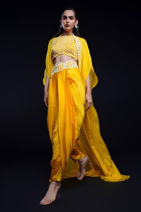 Shop Ashutosh Joshi Yellow Net, Crepe Embroidery, Sequins Round Neck Indira Hand Dhoti Pant Set at Aza Fashions Shop_Ashutosh Joshi_Yellow Net, Crepe Embroidery, Sequins Round Neck Indira Hand Dhoti Pant Set _at_Aza_Fashions