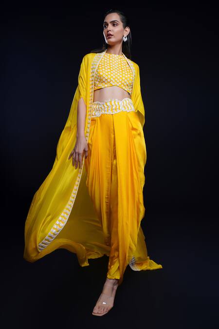 Shop Ashutosh Joshi Yellow Net, Crepe Embroidery, Sequins Round Neck Indira Hand Dhoti Pant Set Online at Aza Fashions Shop_Ashutosh Joshi_Yellow Net, Crepe Embroidery, Sequins Round Neck Indira Hand Dhoti Pant Set _Online_at_Aza_Fashions