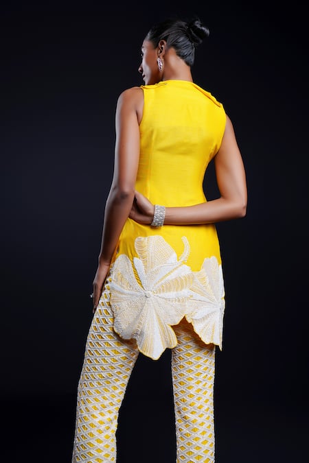 Shop Ashutosh Joshi Yellow Silk, Net, Crepe Embroidery Plunge Prabha Hand Kurta Cigarette Pant Set at Aza Fashions Shop_Ashutosh Joshi_Yellow Silk, Net, Crepe Embroidery Plunge Prabha Hand Kurta Cigarette Pant Set _at_Aza_Fashions