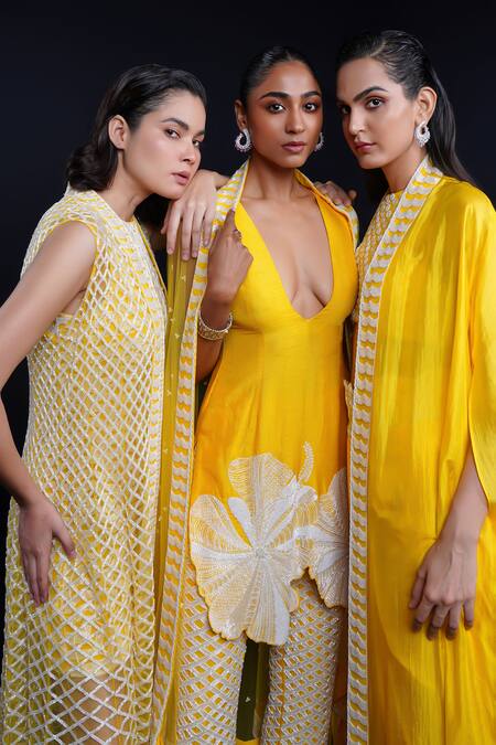 Ashutosh Joshi Yellow Silk, Net, Crepe Embroidery Plunge Prabha Hand Kurta Cigarette Pant Set Online at Aza Fashions Ashutosh Joshi_Yellow Silk, Net, Crepe Embroidery Plunge Prabha Hand Kurta Cigarette Pant Set _Online_at_Aza_Fashions