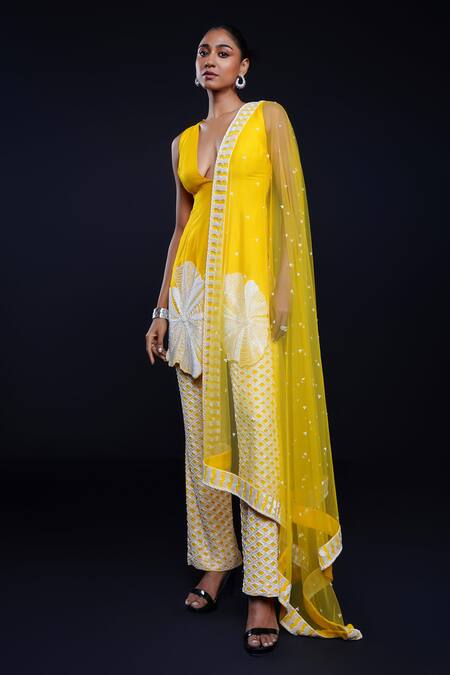 Buy Ashutosh Joshi Yellow Silk, Net, Crepe Embroidery Plunge Prabha Hand Kurta Cigarette Pant Set Online at Aza Fashions Buy_Ashutosh Joshi_Yellow Silk, Net, Crepe Embroidery Plunge Prabha Hand Kurta Cigarette Pant Set _Online_at_Aza_Fashions