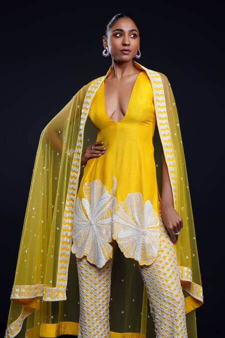 Shop Ashutosh Joshi Yellow Silk, Net, Crepe Embroidery Plunge Prabha Hand Kurta Cigarette Pant Set Online at Aza Fashions Shop_Ashutosh Joshi_Yellow Silk, Net, Crepe Embroidery Plunge Prabha Hand Kurta Cigarette Pant Set _Online_at_Aza_Fashions