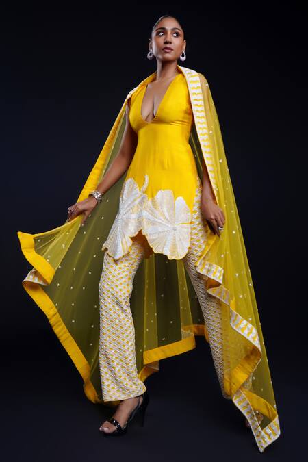 Ashutosh Joshi Yellow Silk, Net, Crepe Embroidery Plunge Prabha Hand Kurta Cigarette Pant Set at Aza Fashions Ashutosh Joshi_Yellow Silk, Net, Crepe Embroidery Plunge Prabha Hand Kurta Cigarette Pant Set _at_Aza_Fashions