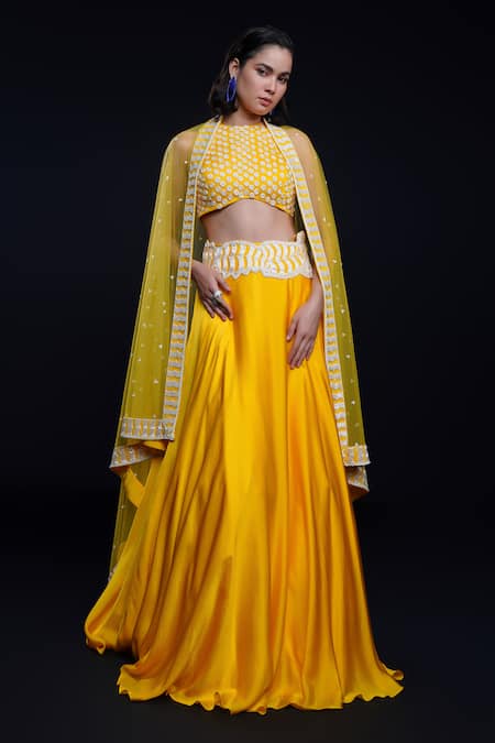 ASHUTOSH JOSHI Yellow Bemberg Satin Hand Embroidered Resham Round Prakruti Lehenga Set 