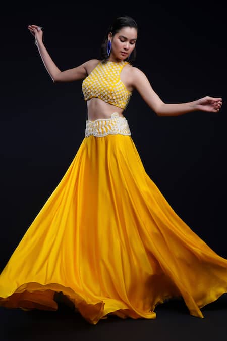 Shop Ashutosh Joshi Yellow Net, Crepe, Bamboo Embroidery Round Neck Prakruti Hand Lehenga Set at Aza Fashions Shop_Ashutosh Joshi_Yellow Net, Crepe, Bamboo Embroidery Round Neck Prakruti Hand Lehenga Set _at_Aza_Fashions