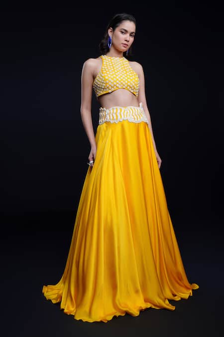 Ashutosh Joshi Yellow Net, Crepe, Bamboo Embroidery Round Neck Prakruti Hand Lehenga Set Online at Aza Fashions Ashutosh Joshi_Yellow Net, Crepe, Bamboo Embroidery Round Neck Prakruti Hand Lehenga Set _Online_at_Aza_Fashions